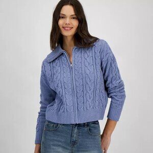 Hippie Rose "Soft & Cozy" Chenille Cable-Knit Zip-Up Sweater Blue Cardigan Large